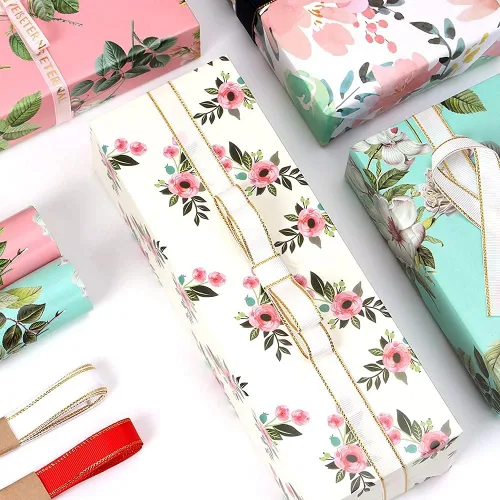 Miniatura 6 de Papel de regalo para niñas y mujeres, 12 hojas de papel de regalo floral de cumpleaños, papel de regalo plegado colorido rosa y verde para Floral 12