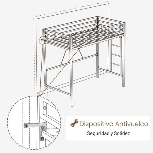 Miniatura 9 de ikalido - Cama elevada de metal tamaño individual con barandilla de seguridad y escalera, no requiere somier, ahorra espacio, mueble para Blanco