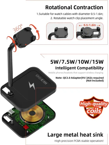Miniatura 4 de Base de carga inalámbrica universal 2 en 1 con soporte ajustable para reloj inteligente, compatible con Samsung Galaxy, Google Pixel, Huawei