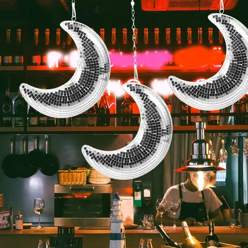 Miniatura 9 de DOITOOL Bola de discoteca en forma de luna espejo colgante reflectante con cadena para bar, KTV, escenario, hogar, boda, fiesta de cumpleaños, adorno