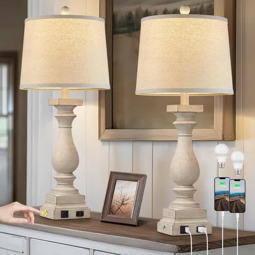 Miniatura 10 de Lámpara de Mesa de Granja de 28 Pulgadas de Alto con Puertos USB C+A y Salida de CA, Control Táctil de 3 Vías, Lámpara de Noche Rústica