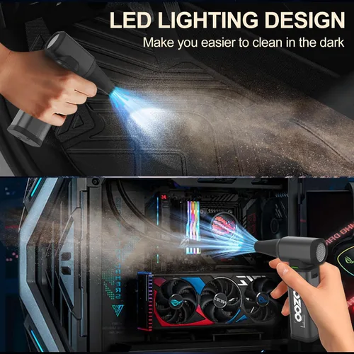 Miniatura 6 de Plumero de aire comprimido, 180000 rpm, potente plumero eléctrico inalámbrico con motor sin escobillas y luz LED, ventilador de polvo recargable