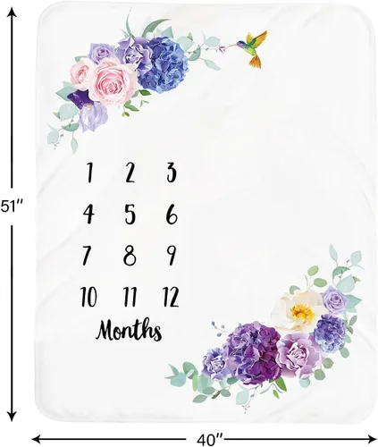 Miniatura 4 de Manta de hito mensual para bebé niña, manta floral para el mes del recién nacido, regalo personalizado para ducha, forro polar suave de felpa suave