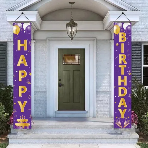 Miniatura 5 de Cartel de feliz cumpleaños dorado morado para puerta, letrero de feliz cumpleaños, suministros de fiesta para niñas y mujeres, 16, 21, 30, 40, 50