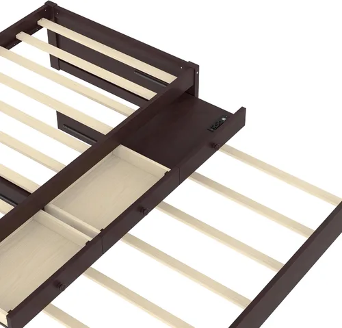 Miniatura 8 de Cama de plataforma individual con nido y cajones de almacenamiento, sofá cama de madera maciza con tomas de corriente y listones completamente