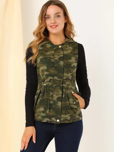 Miniatura 2 de Allegra K Chaleco de camuflaje con capucha y cordón en la cintura para mujer