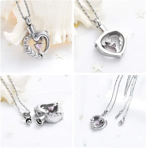 Miniatura 22 de Yinplsmemory Collar de urna de corazón de delfín para cenizas para mujer, colgante de urna de corazón de cristal, collar de recuerdo de cenizas