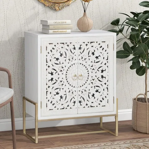 Miniatura 11 de Sophia & William Armario decorativo con 2 puertas, gabinete de almacenamiento envejecido con puerta de ventana de iglesia de metal para entrada