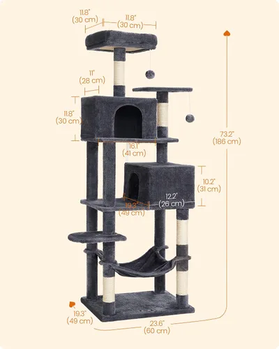 Miniatura 5 de Feandrea - Árbol para gatos de varios niveles para interiores, torre para gatos tipo condominio con 4 postes para rascar, 2 posaderos, hamaca y Gris