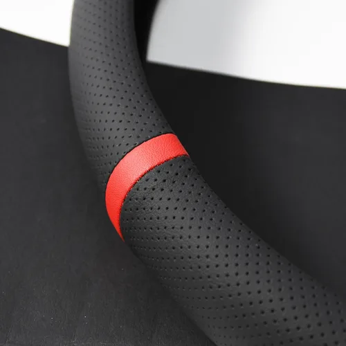 Miniatura 6 de Funda de volante de cuero napa perforado deportivo de instalación rápida con ribete de rayas circulares rojas, ajuste universal para cualquier auto