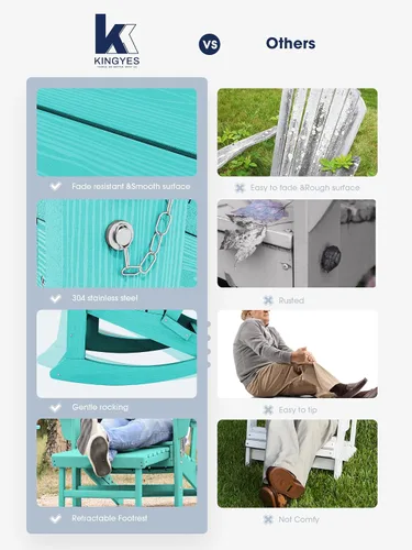Miniatura 7 de Mecedora Adirondack de KINGYES con Otomana Retráctil y Portavasos, Silla Reclinable de Patio de HDPE Adirondack para Porche, Patio, Balcón, Azul Aqua