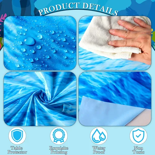 Miniatura 3 de Oudain Mantel redondo de plástico de 84 pulgadas con diseño de olas oceánicas, cubierta redonda para mesa de picnic con temática de océano azul