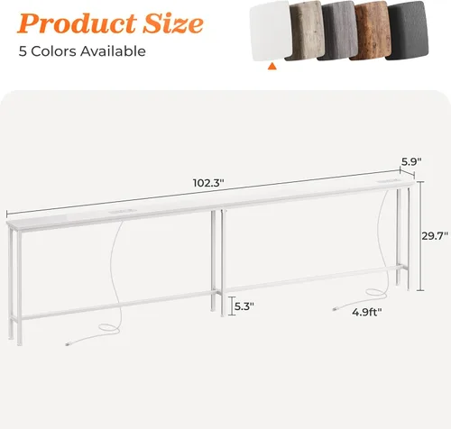 Miniatura 3 de SUPERJARE Mesa de sofá de 102.3 pulgadas con 2 tomas de corriente y puertos USB-C, mesa consola estrecha de 5.9 pulgadas con almacenamiento, extra