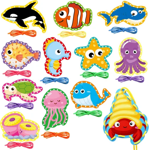 Tarjetas de costura de animales marinos para niños, paquete de 12 tarjetas de costura con temática de tiburón, ballena, océano, decoración de