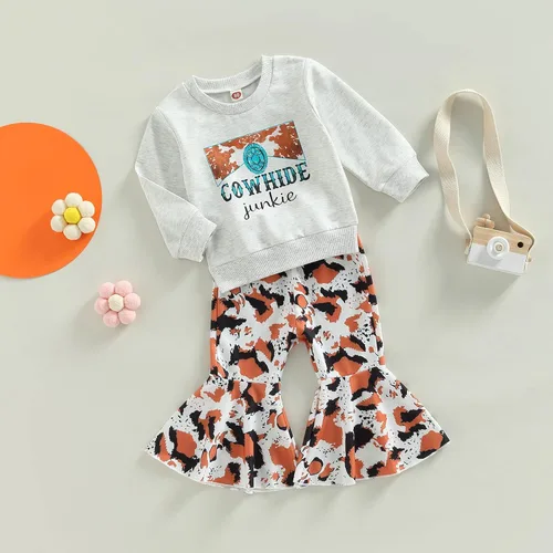 Miniatura 3 de Conjunto de 2 piezas de ropa occidental con estampado de letras, sudadera con estampado de vaca, pantalones acampanados para otoño e invierno
