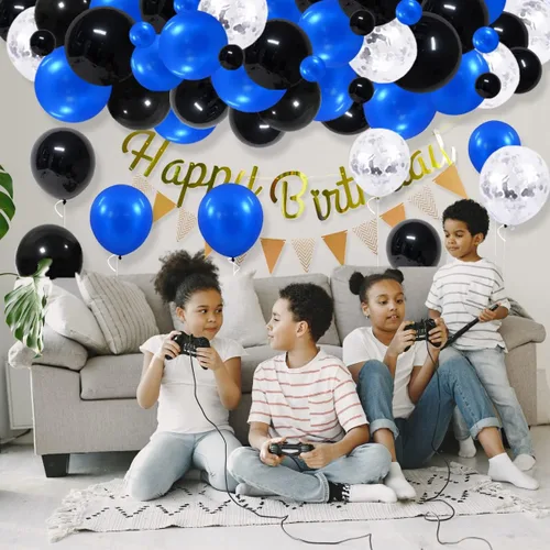 Miniatura 6 de Juego de globos de confeti azul rey, negro y plateado, arco de globos de confeti azul, negro y plateado para decoración de cumpleaños de bebé jefe