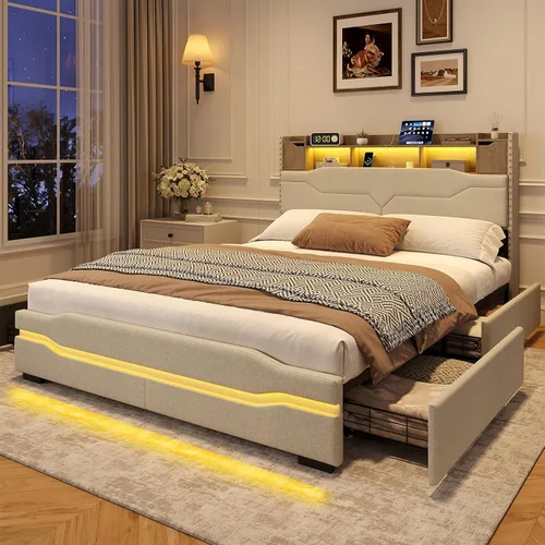Maupvit Base de cama matrimonial con cabecera de almacenamiento, 4 cajones debajo de la cama y luces LED, plataforma tapizada con estación de carga,
