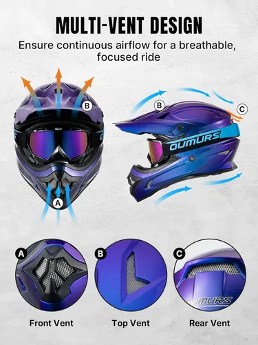 Miniatura 5 de OUMURS DOT Adult ATV Dirt Bike Helmet with Goggles Gloves & Mask Adjustable Sun Visor Motorcycle Adults Helmet Off-Road Motocross Downhill Moped MX
