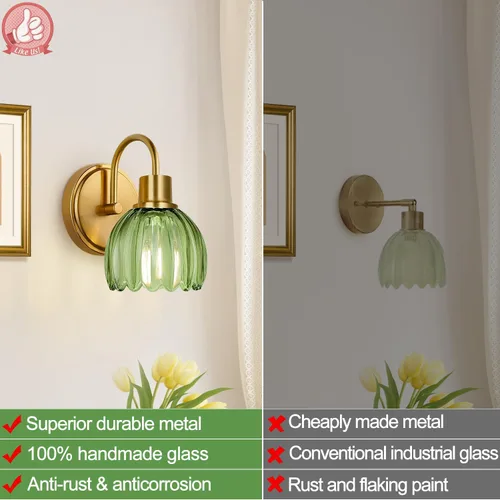 Miniatura 4 de Juego de 2 lámparas de tocador de baño en oro cepillado, lámpara de pared de cabeza única con pantalla de vidrio verde acanalado