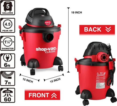 Miniatura 4 de Shop-Vac Aspiradora Húmeda y Seca de 5 Galones, 4.5 HP Pico, Portátil, Resistente, Aspiradora de Taller Función 3 en 1 con Accesorios para Casa