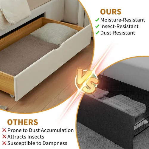 Miniatura 5 de Base de cama Queen de 63.6 pulgadas de alto, base de cama tapizada con 2 cajones de almacenamiento, listones de madera resistentes, sin ruido,