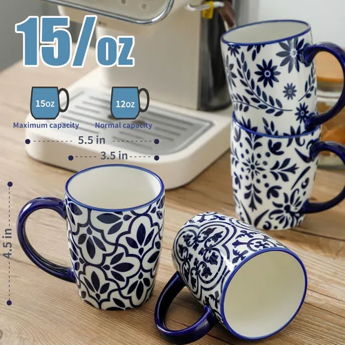 Miniatura 2 de HASENSE 15OZ Coffee Mugs, Ceramic Coffee Mugs Set of 4 with Handle, Coffee Cups Ceramic with Blue and White Floral Patterns, Porcelain Mug Set for