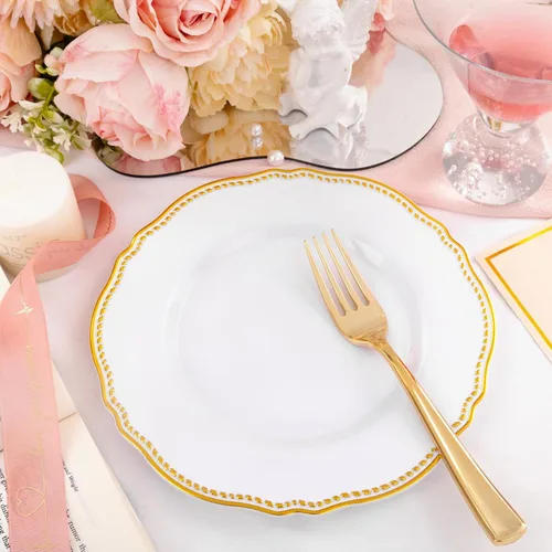 Miniatura 3 de Hioasis 60 platos de plástico dorados, vajilla desechable blanca y dorada con borde dorado, resistente, 7.5 pulgadas, platos de postre para fiestas