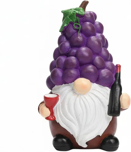 Etlemonde Divertida estatua de gnomo de jardín caprichosa, decoración de resina en forma de uva de 5.9 pulgadas con botella de vino y vidrio, adorno