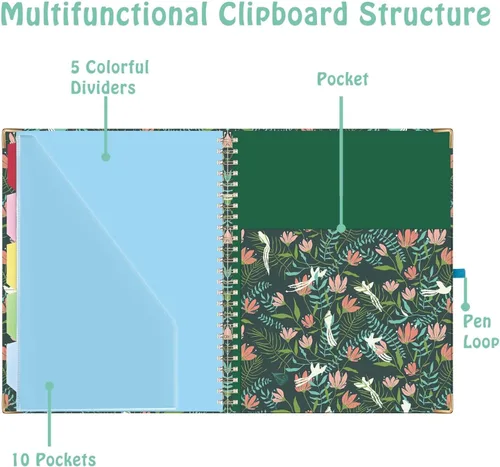 Miniatura 6 de HAUTOCO Folio portapapeles con bloc de notas recargable para tamaño carta (11 x 8.5 pulgadas), 5 divisores con 10 bolsillos, soporte elástico