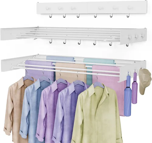 Tendedero de secado para ropa, montaje en pared, plegable, plegable, capacidad de 60 libras, 5 postes de aluminio con 6 ganchos, ahorro de espacio,