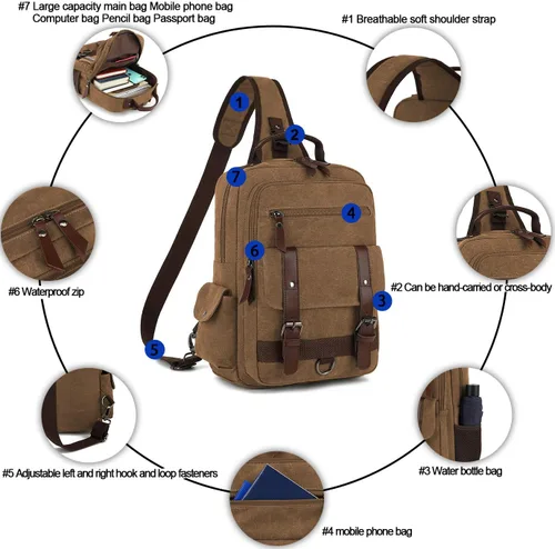 Miniatura 3 de Bolsa de mensajero vintage, mochila de lona para viajes, bolsa de hombro para hombre, bolsa de doble uso para transporte de mano y transporte