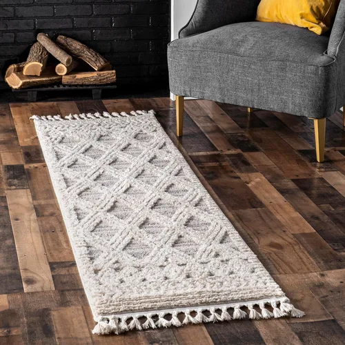nuLOOM Ansley - Alfombra marroquí con borlas, de 2 pies 6 pulgadas x 8 pies, color gris claro, diseño bohemio con textura alta-baja, pelo alto de