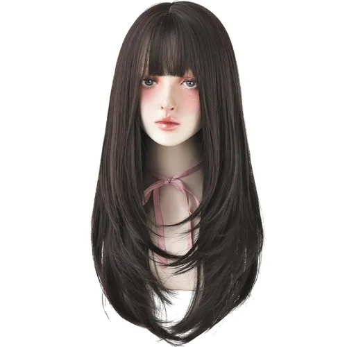 7JHH WIGS - Peluca de cabello sintético largo y liso con flequillo para mujer, aspecto natural (22 pulgadas, té negro)