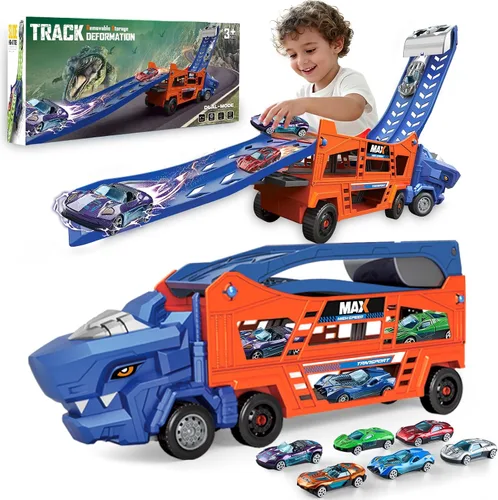 Juguetes de Camión de Dinosaurios para Niños de 3-5 - Camión Transportador con 6 Autos de Juguete Fundidos a Presión, Camión 3 en 1 con 2 Pistas de