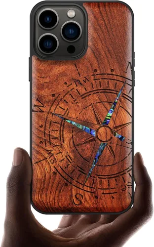 Miniatura 12 de Carveit Funda protectora de madera de diseñador para iPhone 13 Pro Max, cubierta magnética, grabado en madera e incrustaciones de concha, funda