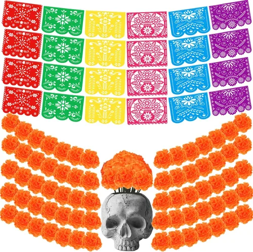 Miniatura 8 de Cartel de fiesta mexicana de Halloween, 124 unidades, papel picado, Día de los Muertos, banderines de fiesta, Día de los Muertos, flores muertas