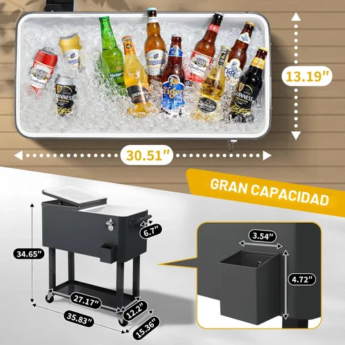 Miniatura 2 de Outvita Hielera Rodante de 80 Cuartos, Enfriador Portátil de Bebidas para Bar con Bandeja Colectora, Bandeja de Almacenamiento Inferior y Gris-oscuro