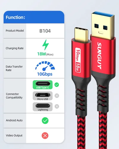 Miniatura 2 de SUNGUY - Cable USB C 10Gbps 3.1 Gen 2, [1,5 m], USB A a USB C, 3A de carga rápida, para Android Auto, Cable USB C CarPlay, compatible con iPhone Rojo