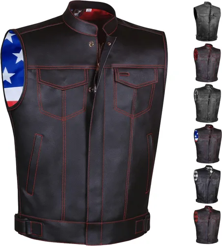 Miniatura 10 de SOA - Chaleco de motocicleta para hombre, piel de búfalo de alta calidad, armadura trasera, bolsillos interiores, chalecos de club de motociclista