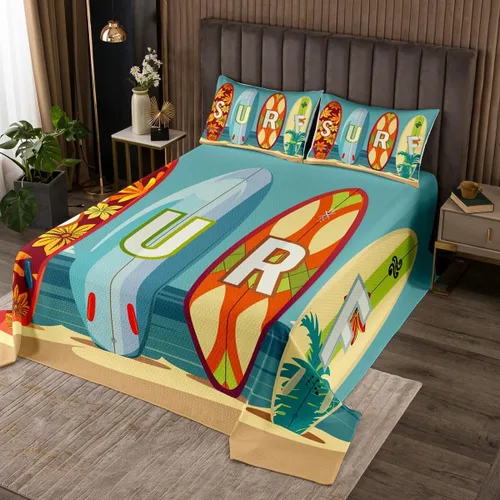 Colorida colcha de tabla de surf, tamaño individual, juego de ropa de cama de juegos deportivos de verano, 2 piezas, para niños, adolescentes,