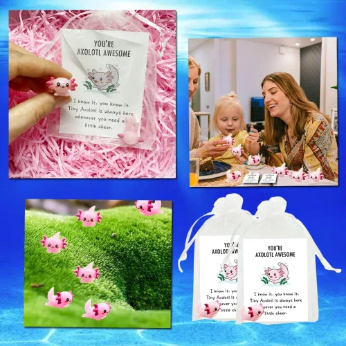 Miniatura 5 de 90 piezas de regalo inspirador mini ajolote de resina con regalo de agradecimiento, tarjetas de animación, bolsas de regalo de organza blanca