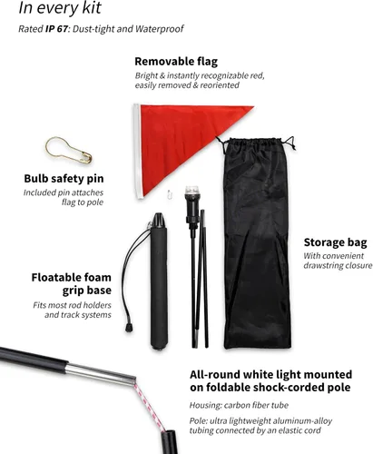 Miniatura 4 de Pactrade Marine Bandera de kayak con luz – Kit portátil de barra de bandera de 360 grados de luz blanca y barco para riel de pista y soporte de caña