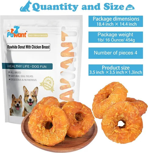 Miniatura 5 de Golosinas para perros de larga duración para perros grandes, dientes limpios envueltos en pollo, donas de cuero crudo, 1 lb/454 g