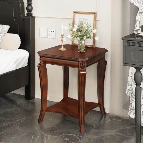 Miniatura 13 de Mesa auxiliar tradicional con estante de almacenamiento y patas talladas, mesas de sala de estar de granja, mesa central rectangular de madera