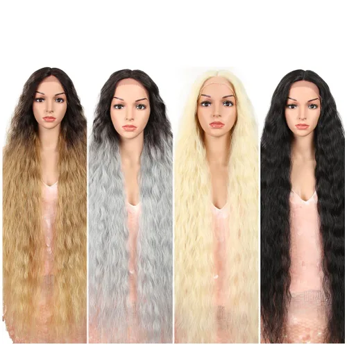 Miniatura 18 de Style Icon Pelucas de Encaje Frontal de 41" Largas Onduladas Sintéticas con Baby Hair Ombre Marrón Claro Estilo Bohemio Semi Atadas a Mano Densidad