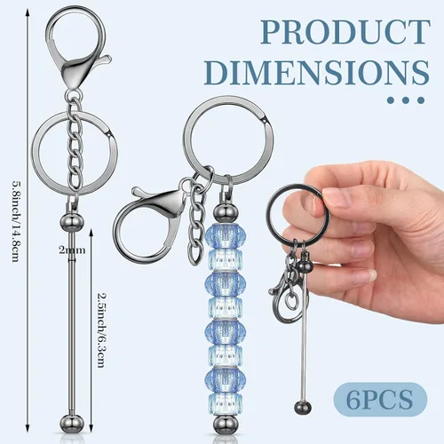 Miniatura 4 de Huwena 6 piezas de llaveros con cuentas, barras en blanco, llavero de cuentas de metal para colgante, manualidades, joyería, regalo Gris