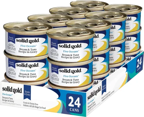 Miniatura 44 de Solid Gold comida húmeda para gatos desmenuzada con salsa - Alimento enlatado para gatos hecho con atún real y caballa - Sin granos de los Cinco