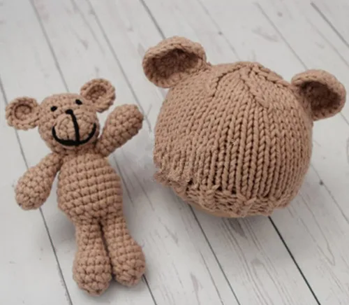 Miniatura 3 de Moda recién nacido niños niñas bebé sesión de fotos accesorios trajes ganchillo oso sombrero gorro con oso fotografía accesorios traje