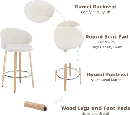 Miniatura 4 de HEAH-YO Juego de 2 taburetes de bar modernos de 26 pulgadas de altura de mostrador con respaldo de barril y patas de madera, taburete de cocina