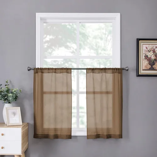 Miniatura 25 de Tollpiz - Juego de 2 paneles de cortinas de velo traslúcidas para media ventana, cortas, con textura de lino y bolsillo para cortinero, filtran